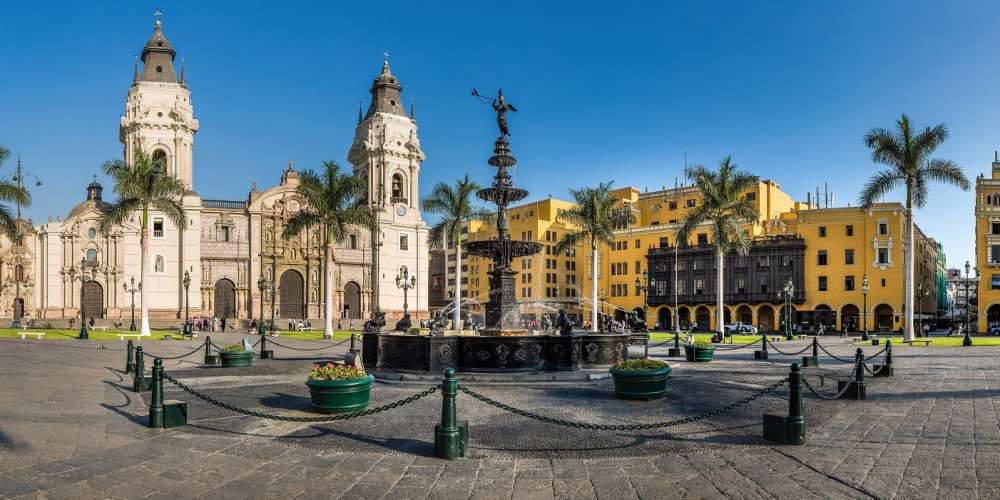 Lima Cathedral and fountain on sunny day