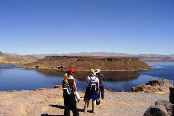 Group walking around Umayo Lake